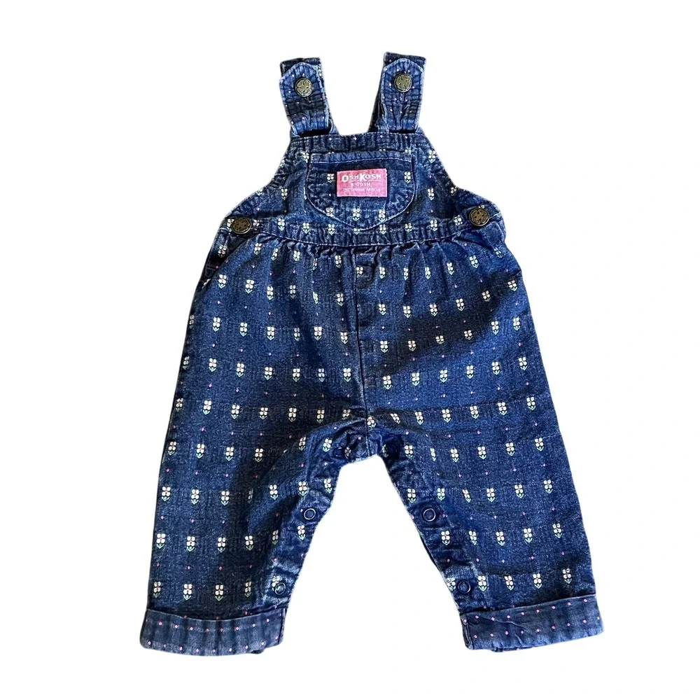 Vintage 80s OSHKOSH Toddler Girl 3M Blue Denim Flower Daisy Overalls‎